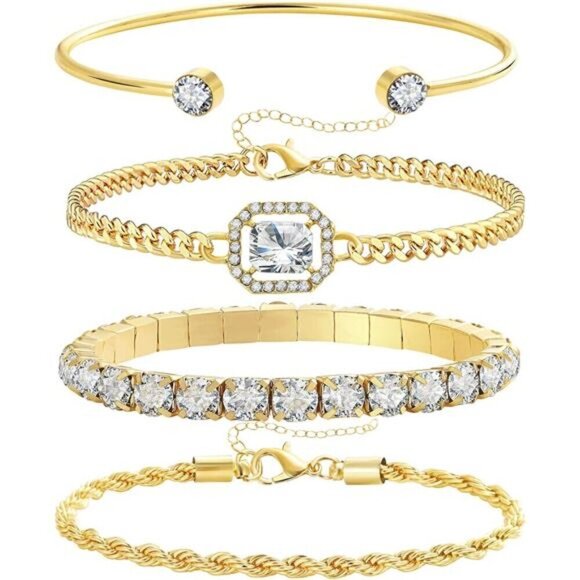 4 Piece Dainty Gold Bracelets Set for Women 14K Plated Link Cubic Zirconia - Picture 1 of 6